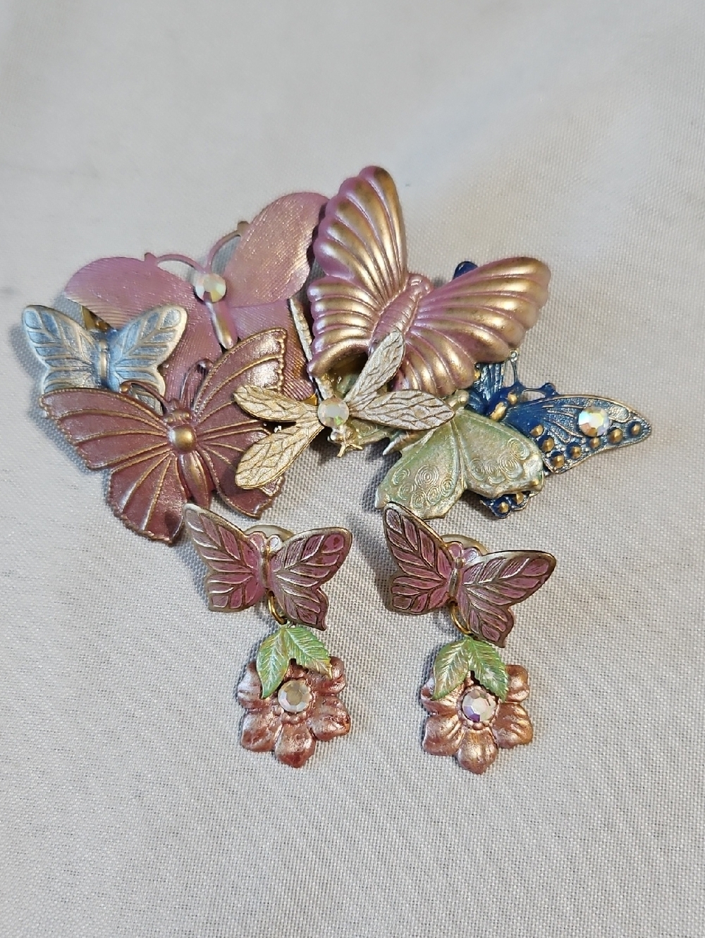 Multicolor Butterfly Floral Earring and Brooch Set